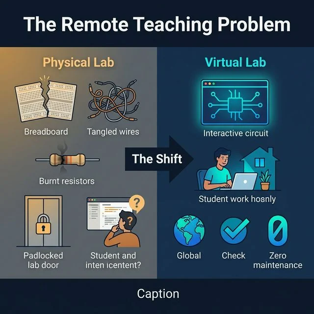Comparison infographic: Traditional physical lab setup vs. browser-based virtual lab for Indian classrooms